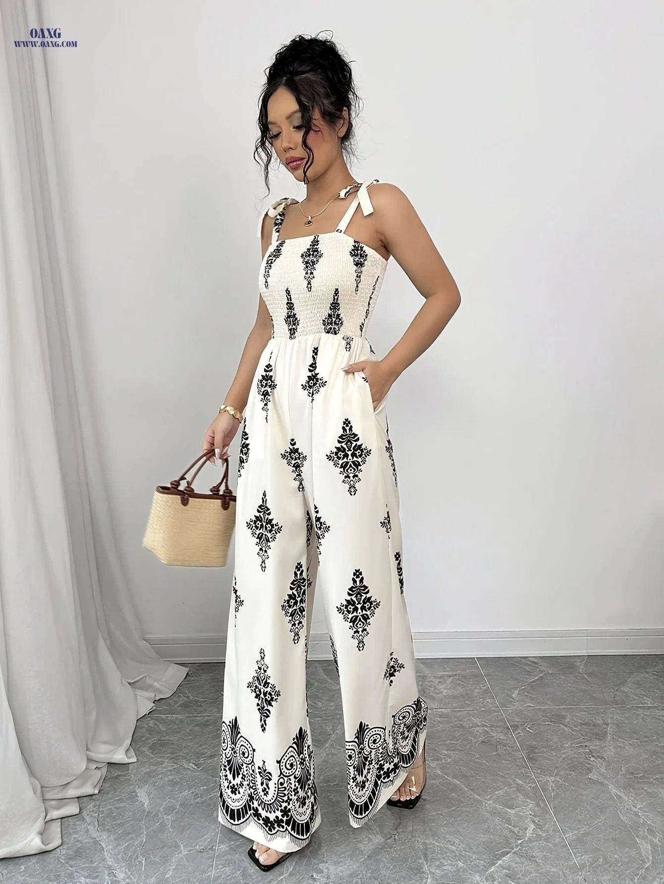 Women’s Vintage Floral Jumpsuit - Tie-Waist, Wide-Leg Style   OAXG Mixed Color / S