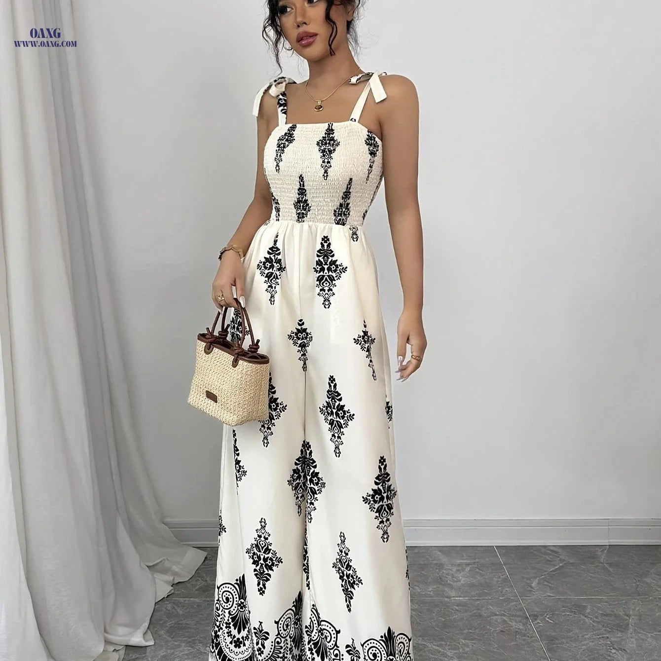 Women’s Vintage Floral Jumpsuit - Tie-Waist, Wide-Leg Style   OAXG Mixed Color / S