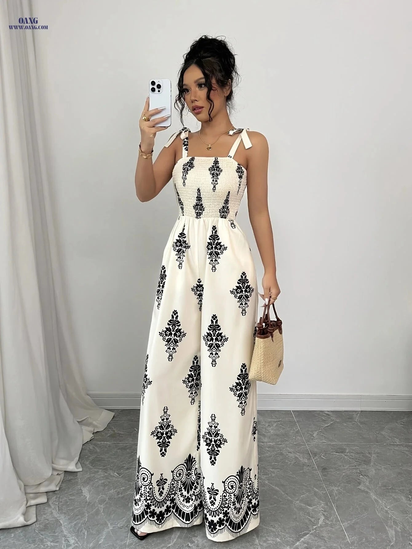 Women’s Vintage Floral Jumpsuit - Tie-Waist, Wide-Leg Style   OAXG Mixed Color / S