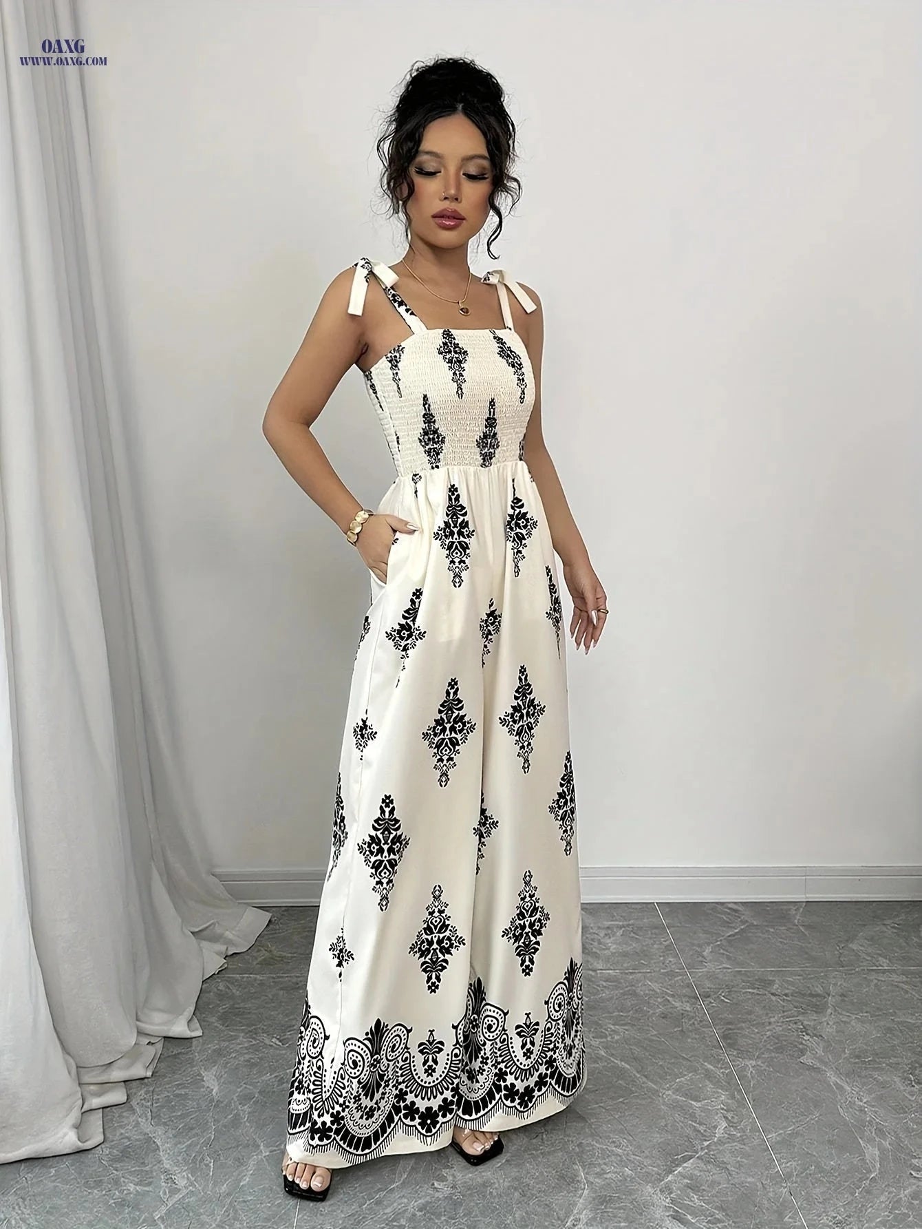 Women’s Vintage Floral Jumpsuit - Tie-Waist, Wide-Leg Style   OAXG Mixed Color / S