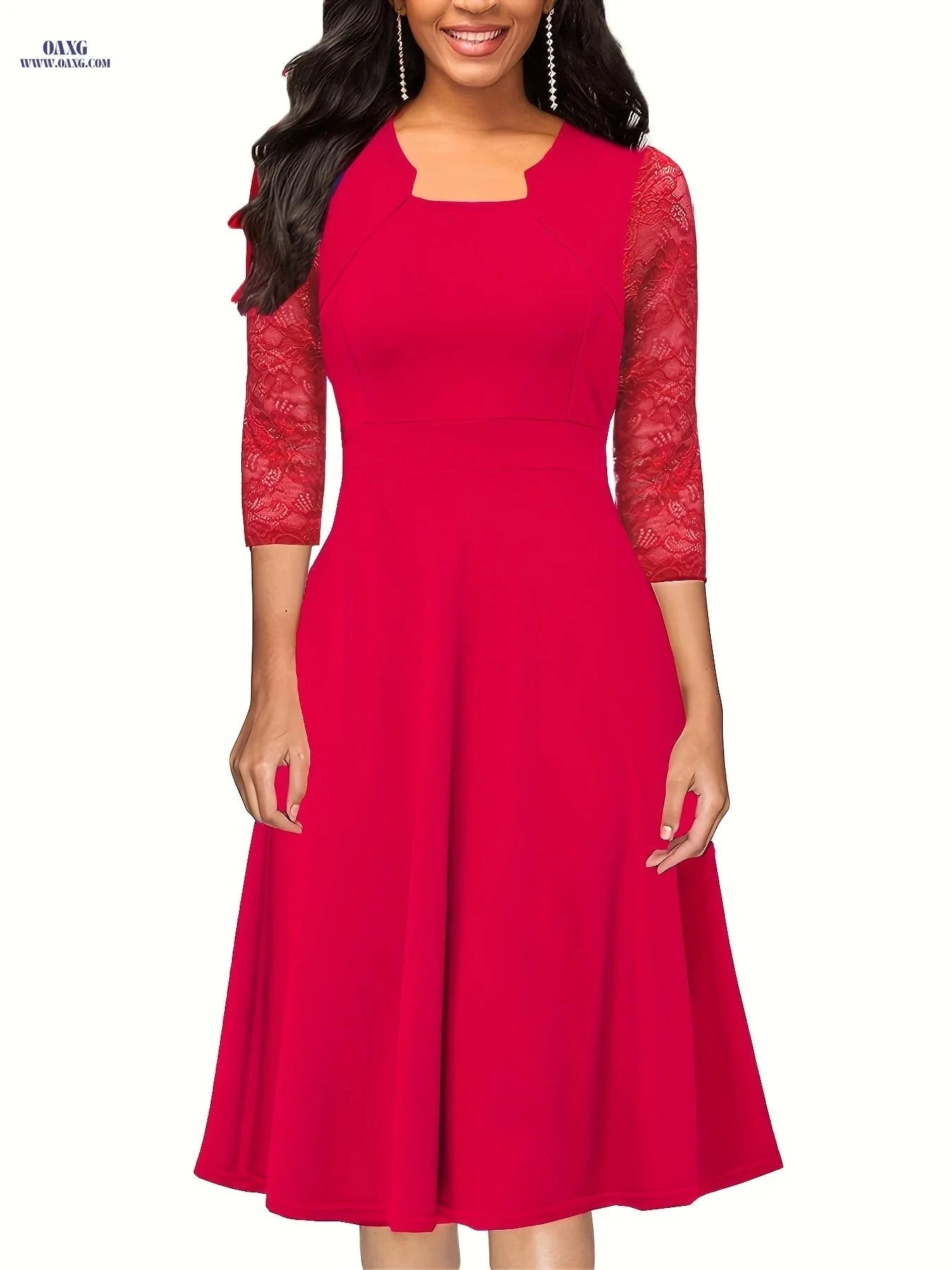 Women's Vintage Floral Lace Swing Dress - Elegant Square Neck Design   OAXG crimson / S