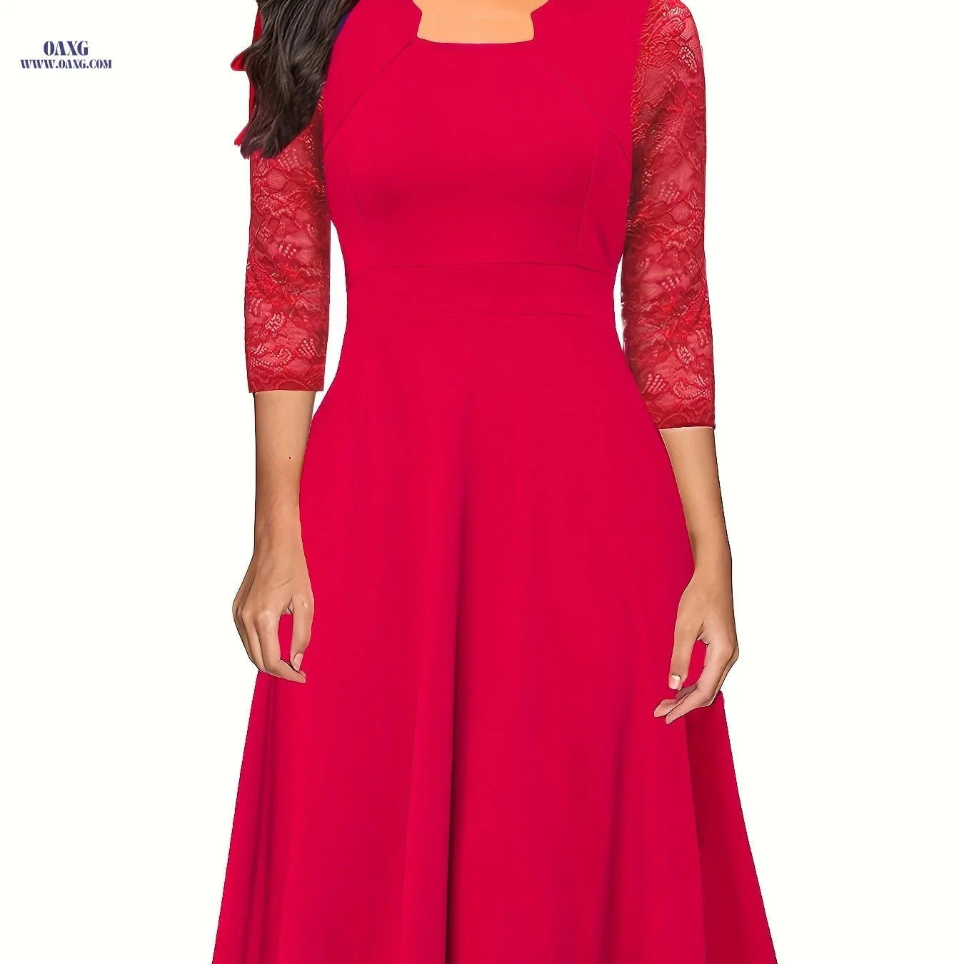 Women's Vintage Floral Lace Swing Dress - Elegant Square Neck Design   OAXG crimson / S