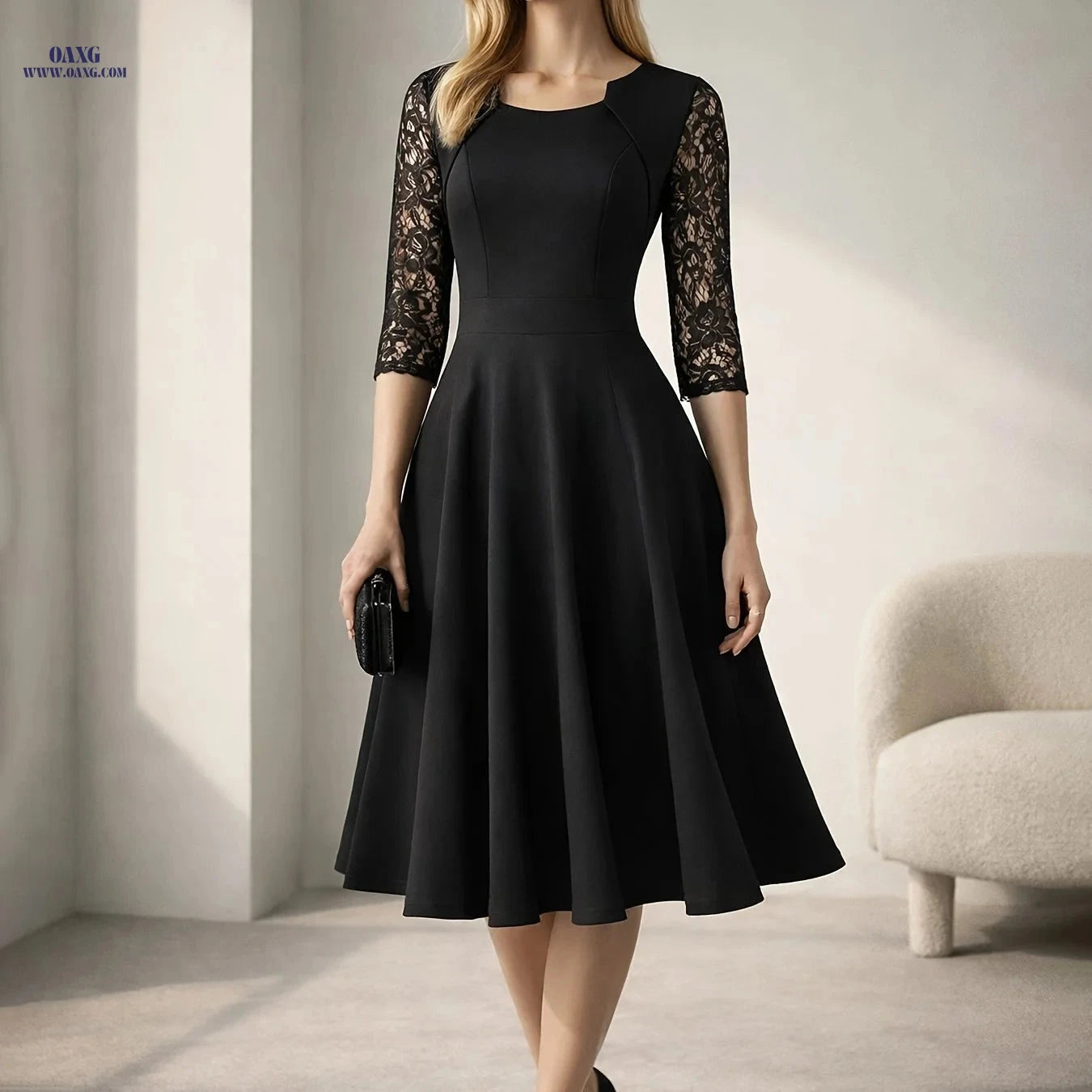 Women's Vintage Floral Lace Swing Dress - Elegant Square Neck Design   OAXG crimson / S