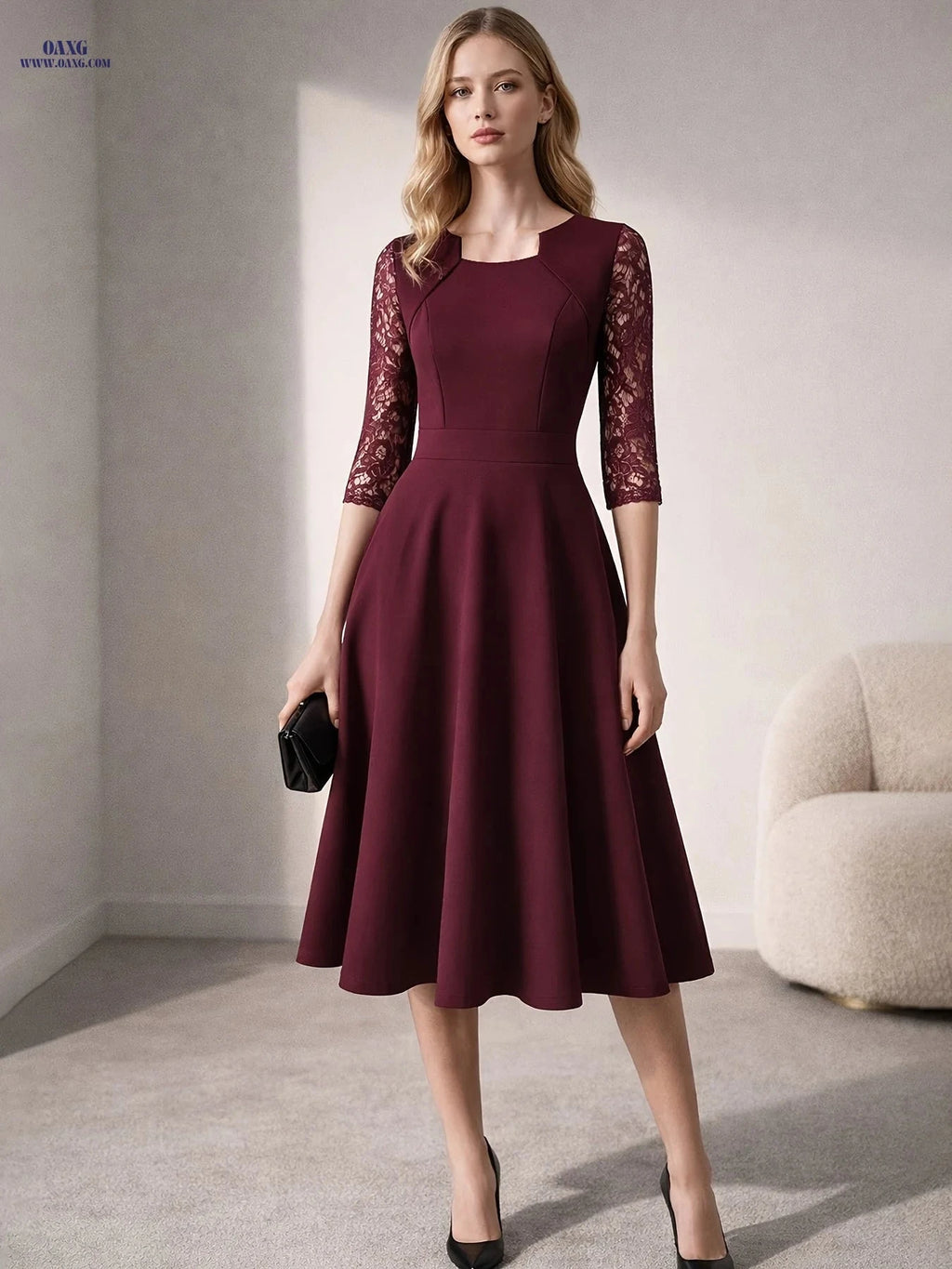 Women's Vintage Floral Lace Swing Dress - Elegant Square Neck Design   OAXG 