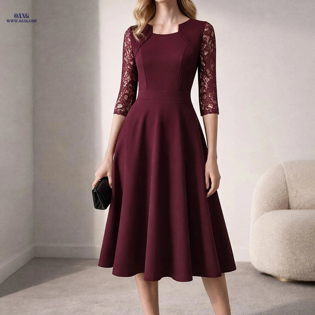 Women's Vintage Floral Lace Swing Dress - Elegant Square Neck Design   OAXG 