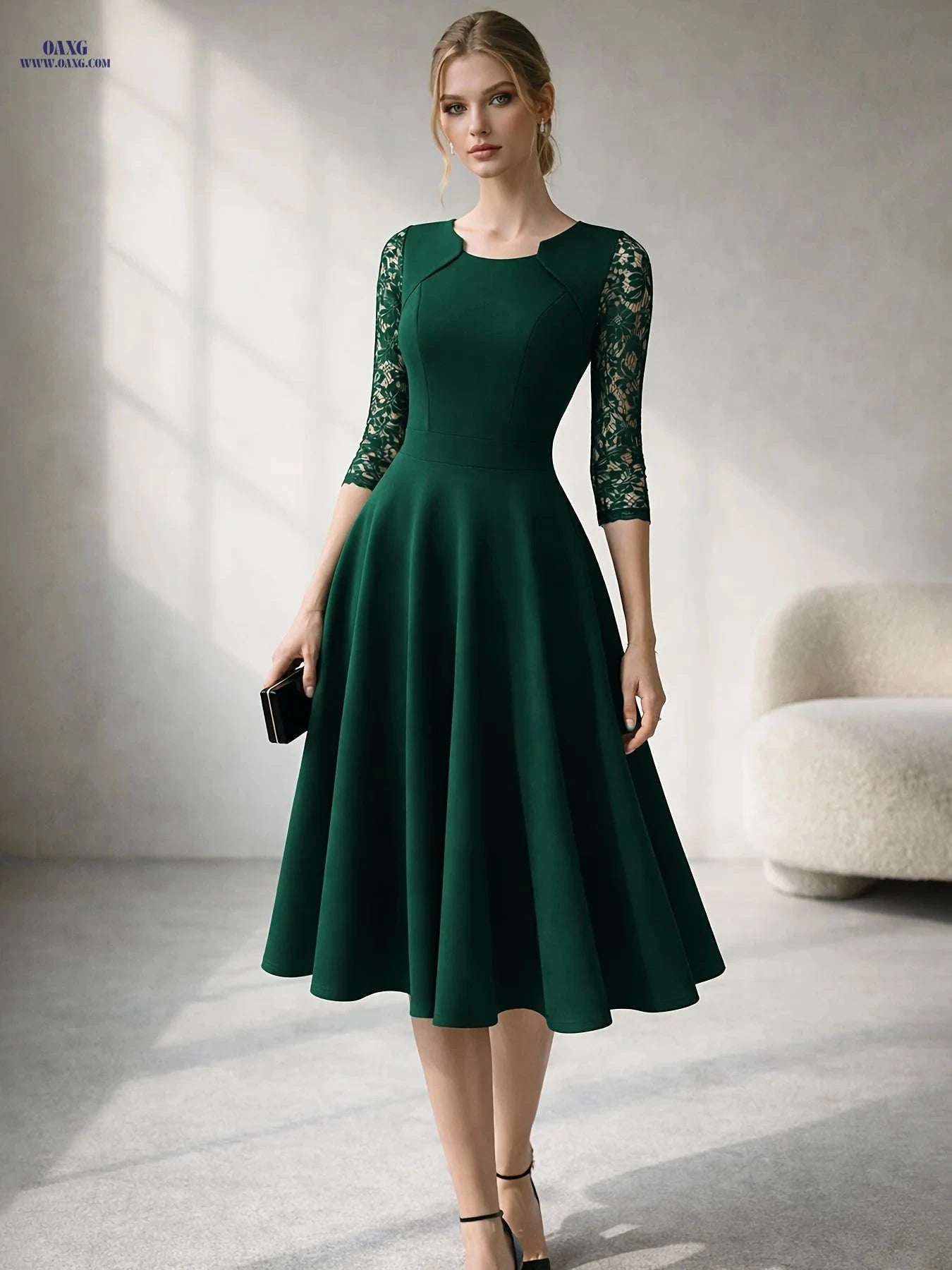 Women's Vintage Floral Lace Swing Dress - Elegant Square Neck Design   OAXG 