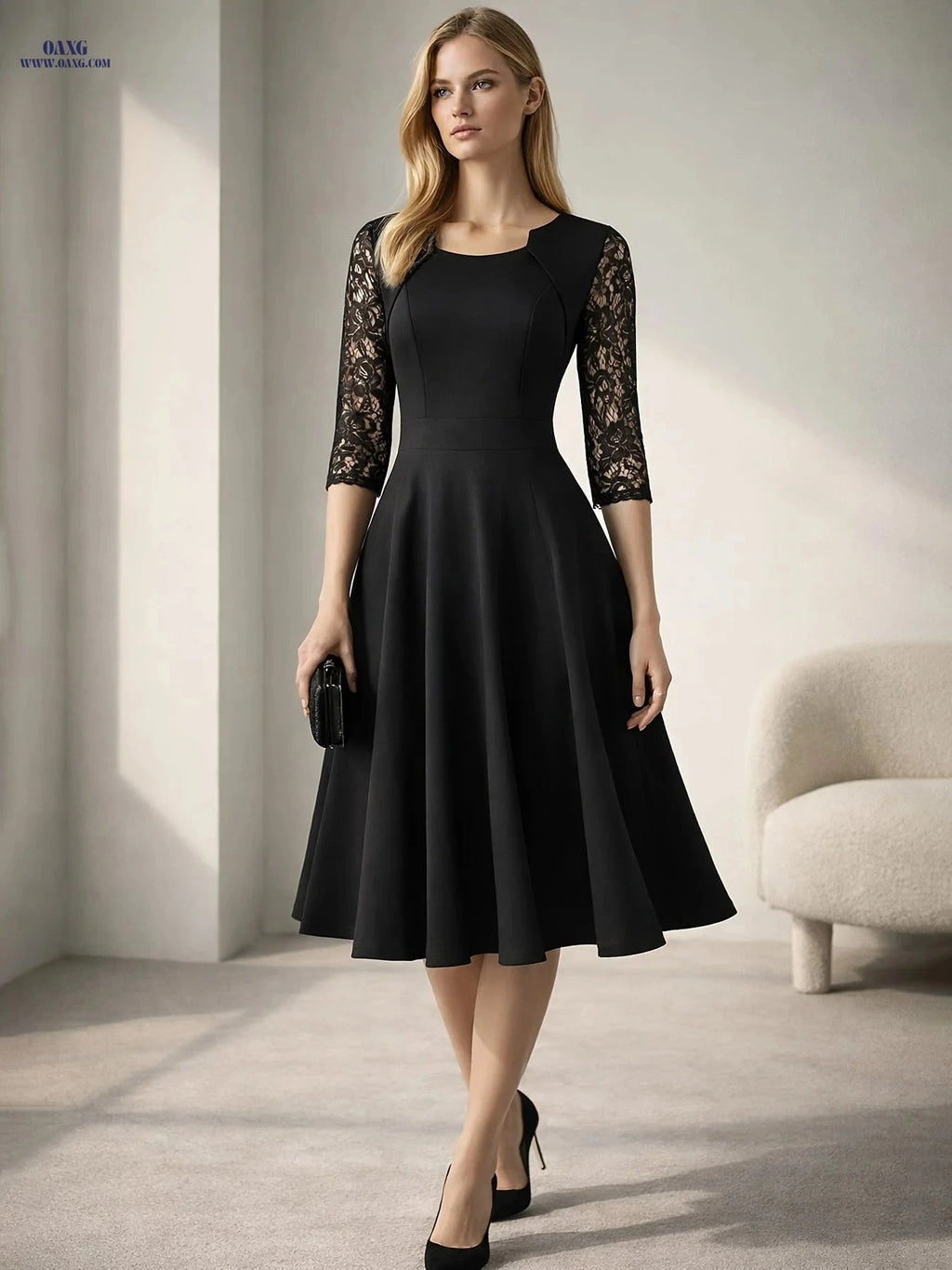 Women's Vintage Floral Lace Swing Dress - Elegant Square Neck Design   OAXG 