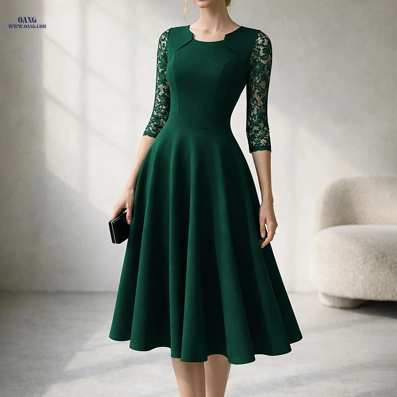 Women's Vintage Floral Lace Swing Dress - Elegant Square Neck Design   OAXG 