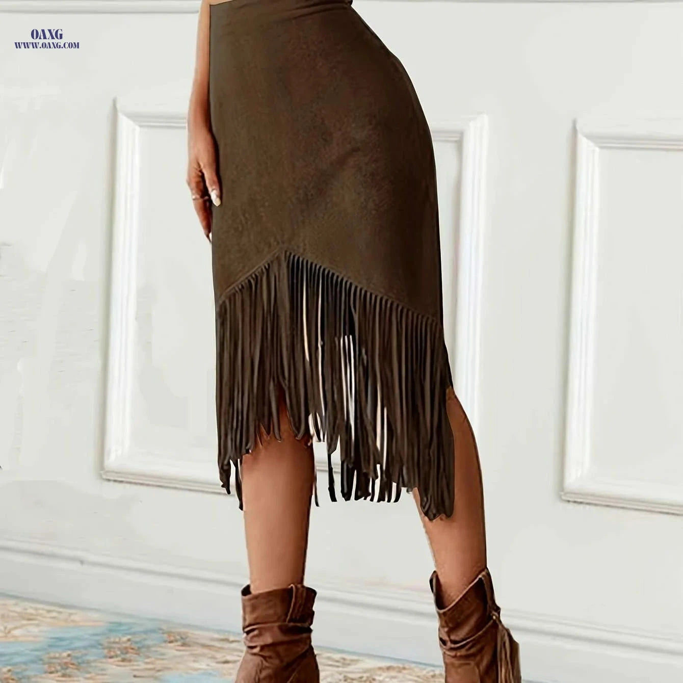 Women's Vintage Fringed Mid-Length Skirt - Casual Spring/Fall Style   OAXG 