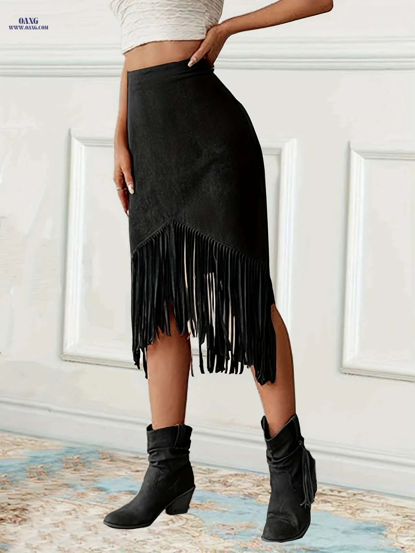 Women's Vintage Fringed Mid-Length Skirt - Casual Spring/Fall Style   OAXG 