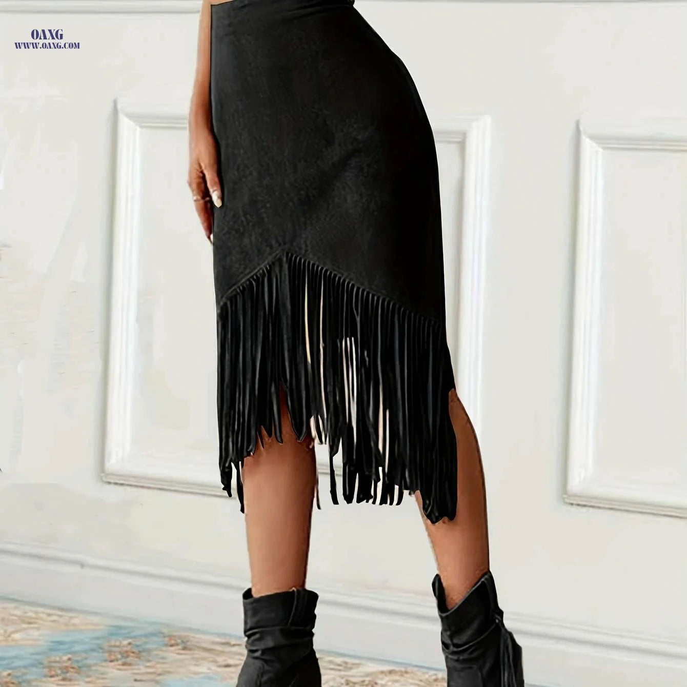 Women's Vintage Fringed Mid-Length Skirt - Casual Spring/Fall Style   OAXG 