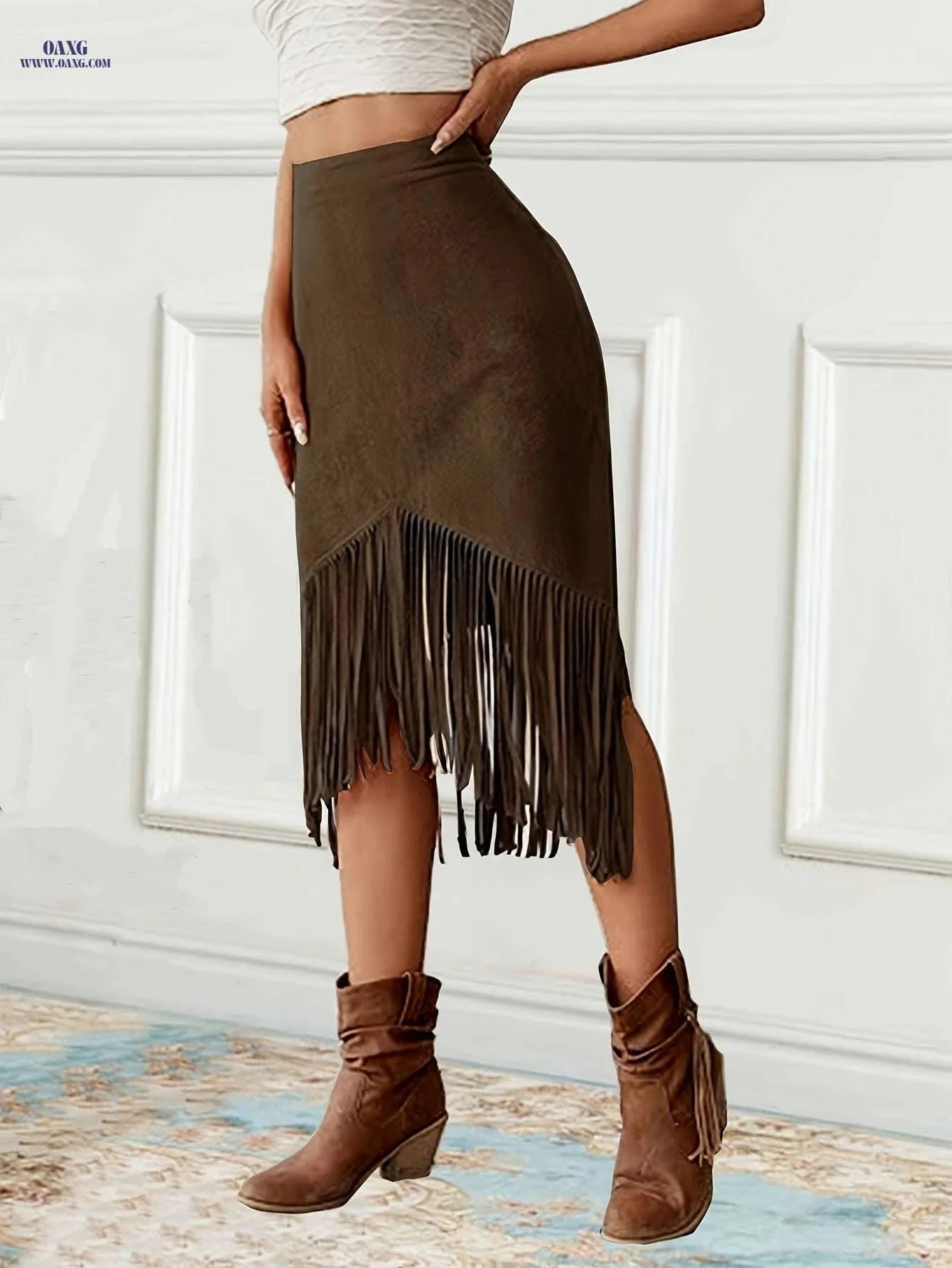Women's Vintage Fringed Mid-Length Skirt - Casual Spring/Fall Style   OAXG 