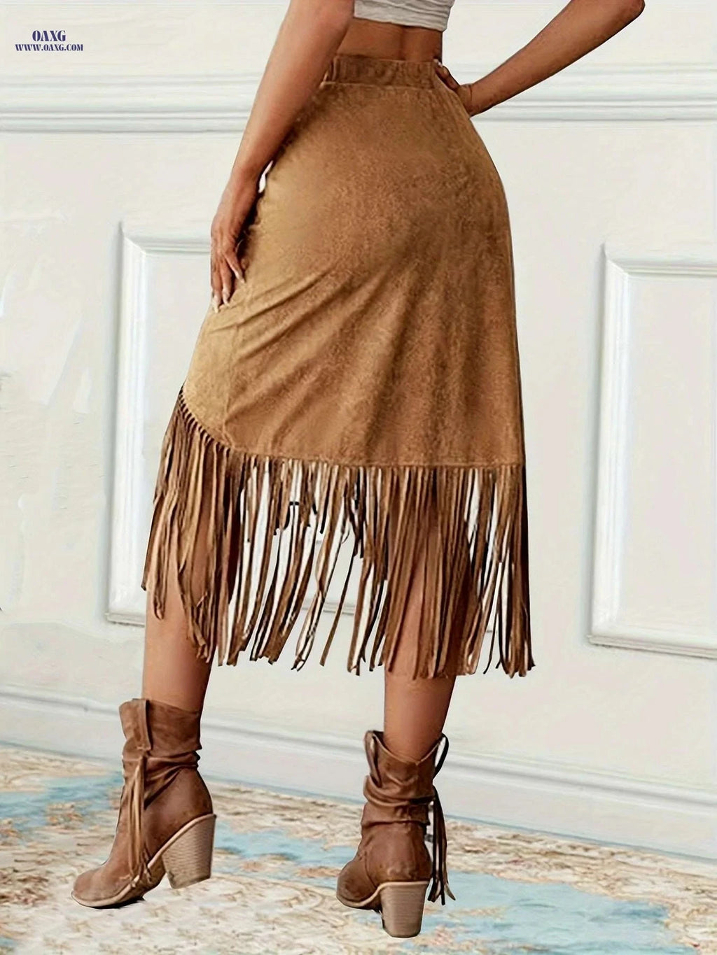 Women's Vintage Fringed Mid-Length Skirt - Casual Spring/Fall Style   OAXG Rust / S