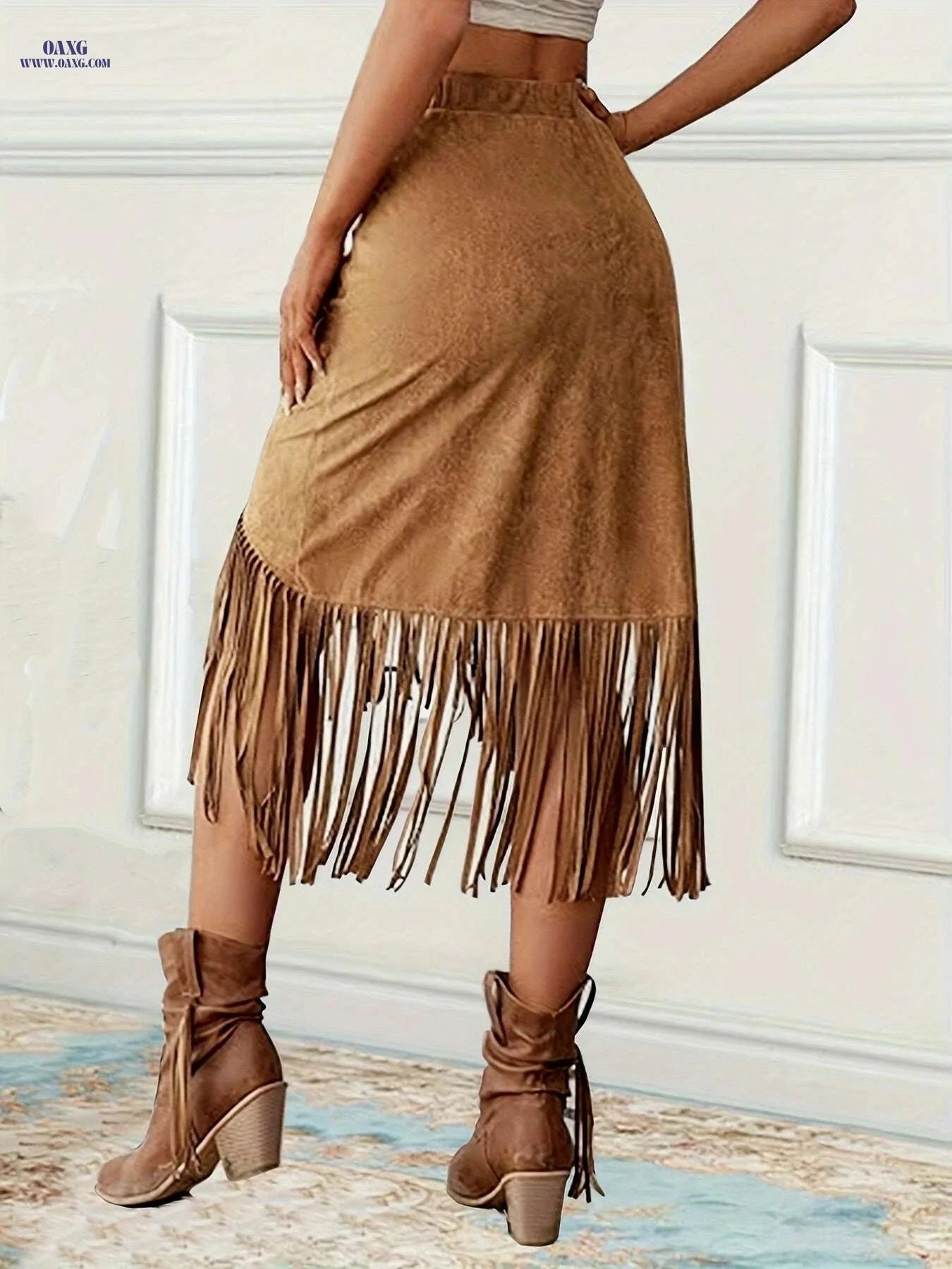 Women's Vintage Fringed Mid-Length Skirt - Casual Spring/Fall Style   OAXG Rust / S