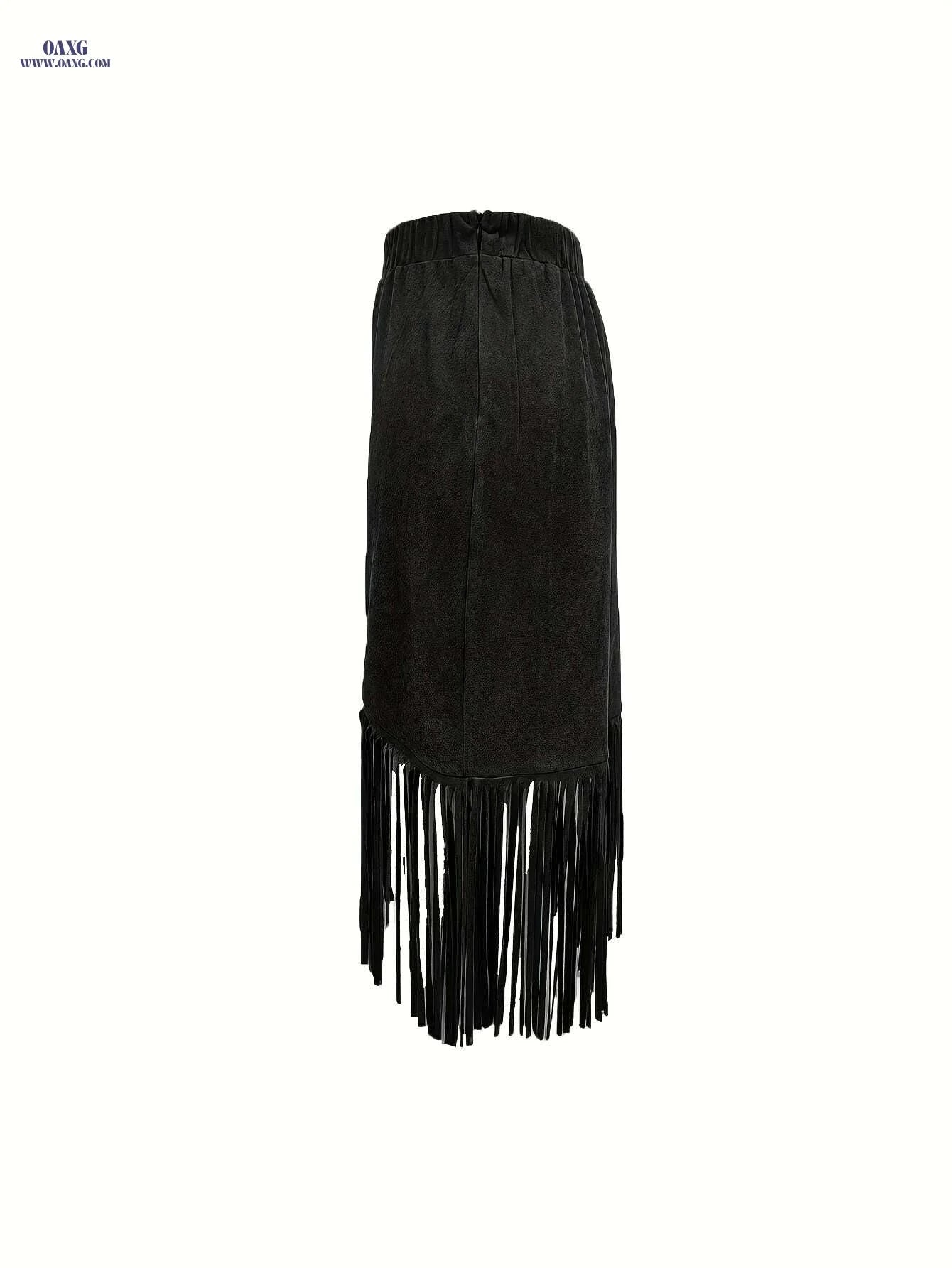 Women's Vintage Fringed Mid-Length Skirt - Casual Spring/Fall Style   OAXG Rust / S