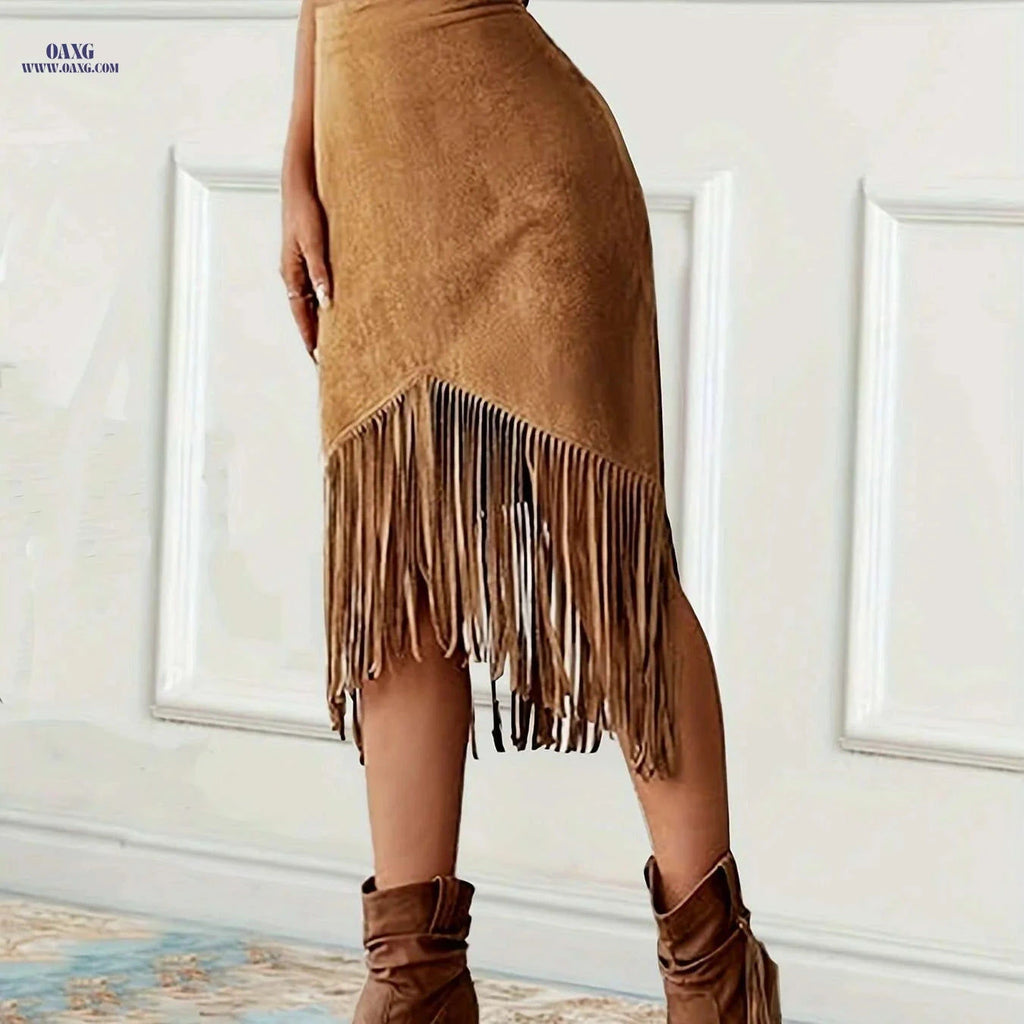 Women's Vintage Fringed Mid-Length Skirt - Casual Spring/Fall Style   OAXG Rust / S