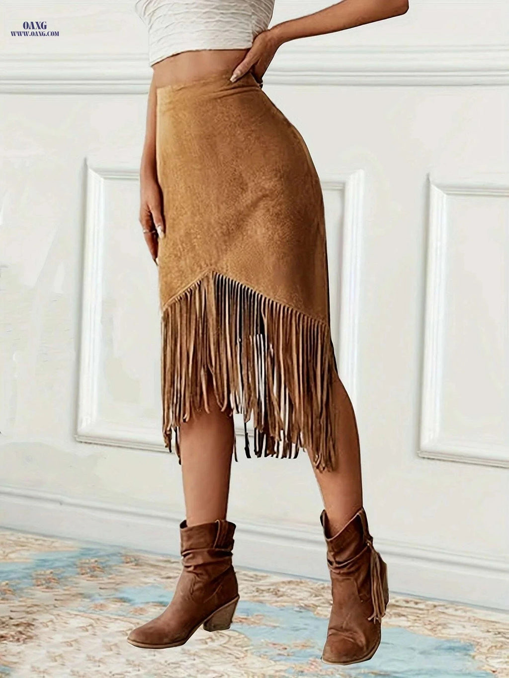 Women's Vintage Fringed Mid-Length Skirt - Casual Spring/Fall Style   OAXG Rust / S