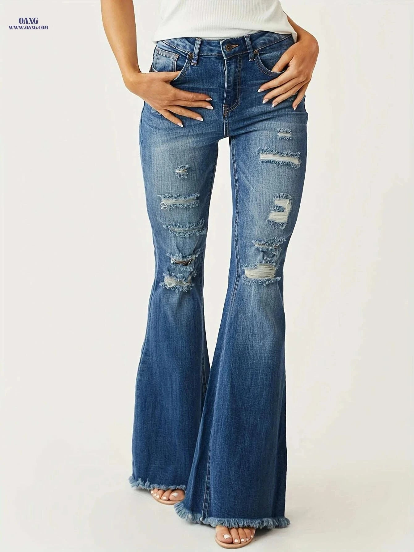 Women's Vintage High Stretch Flare Jeans - Distressed Bell Bottoms   OAXG Blue / S