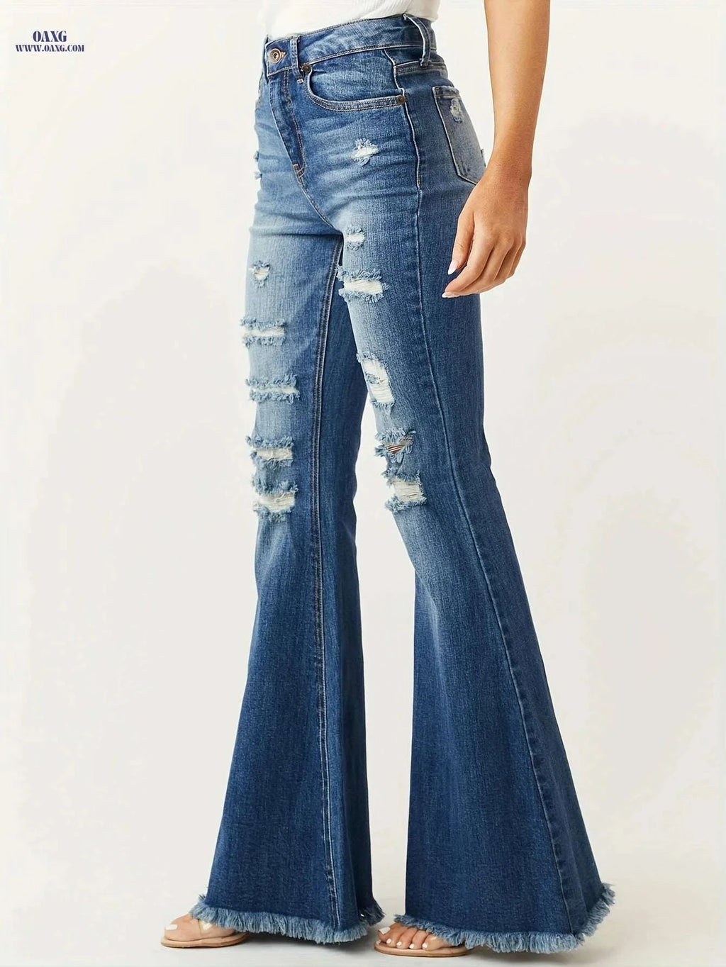 Women's Vintage High Stretch Flare Jeans - Distressed Bell Bottoms   OAXG Blue / S