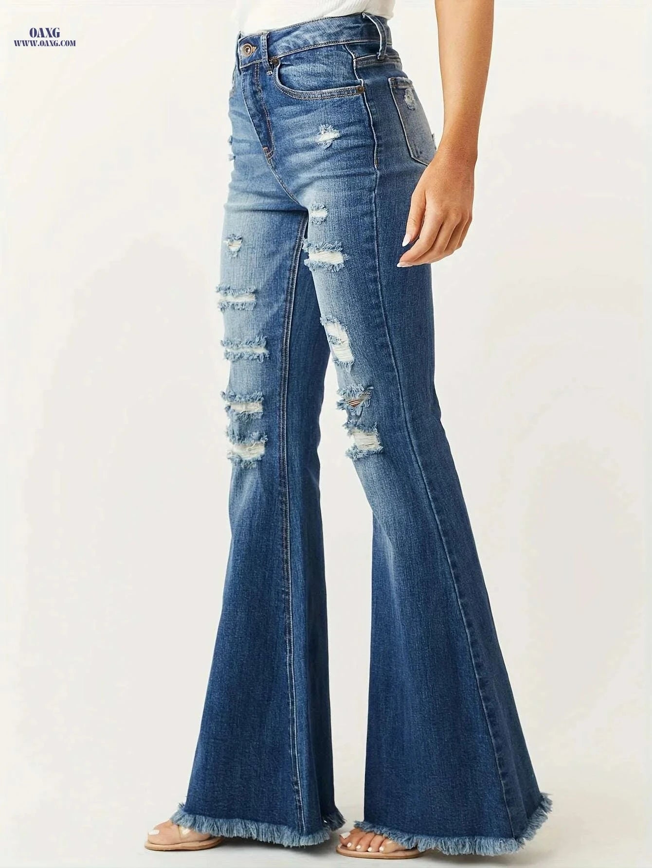 Women's Vintage High Stretch Flare Jeans - Distressed Bell Bottoms   OAXG Blue / S