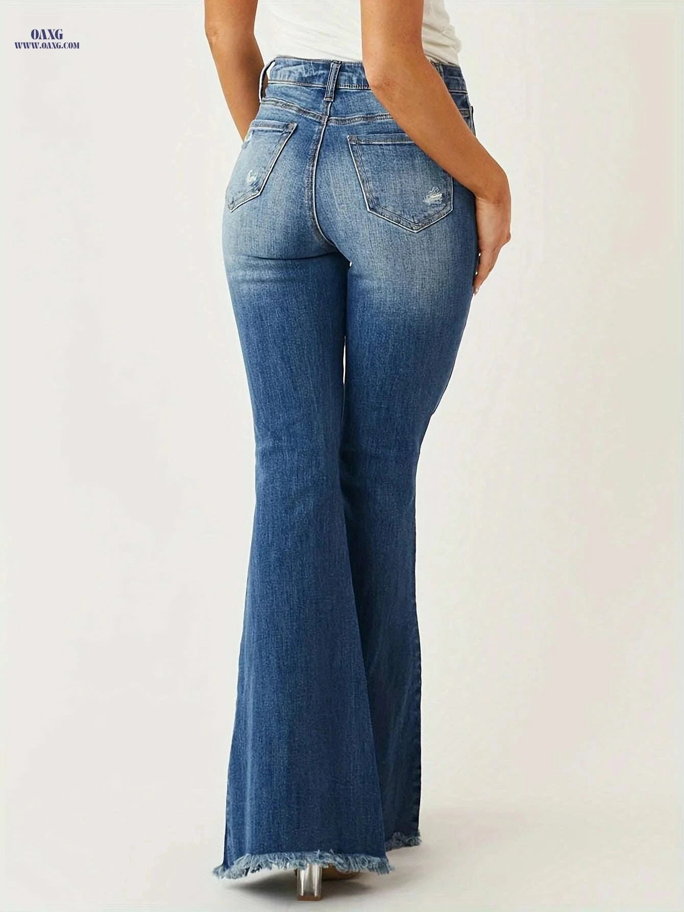 Women's Vintage High Stretch Flare Jeans - Distressed Bell Bottoms   OAXG Blue / S