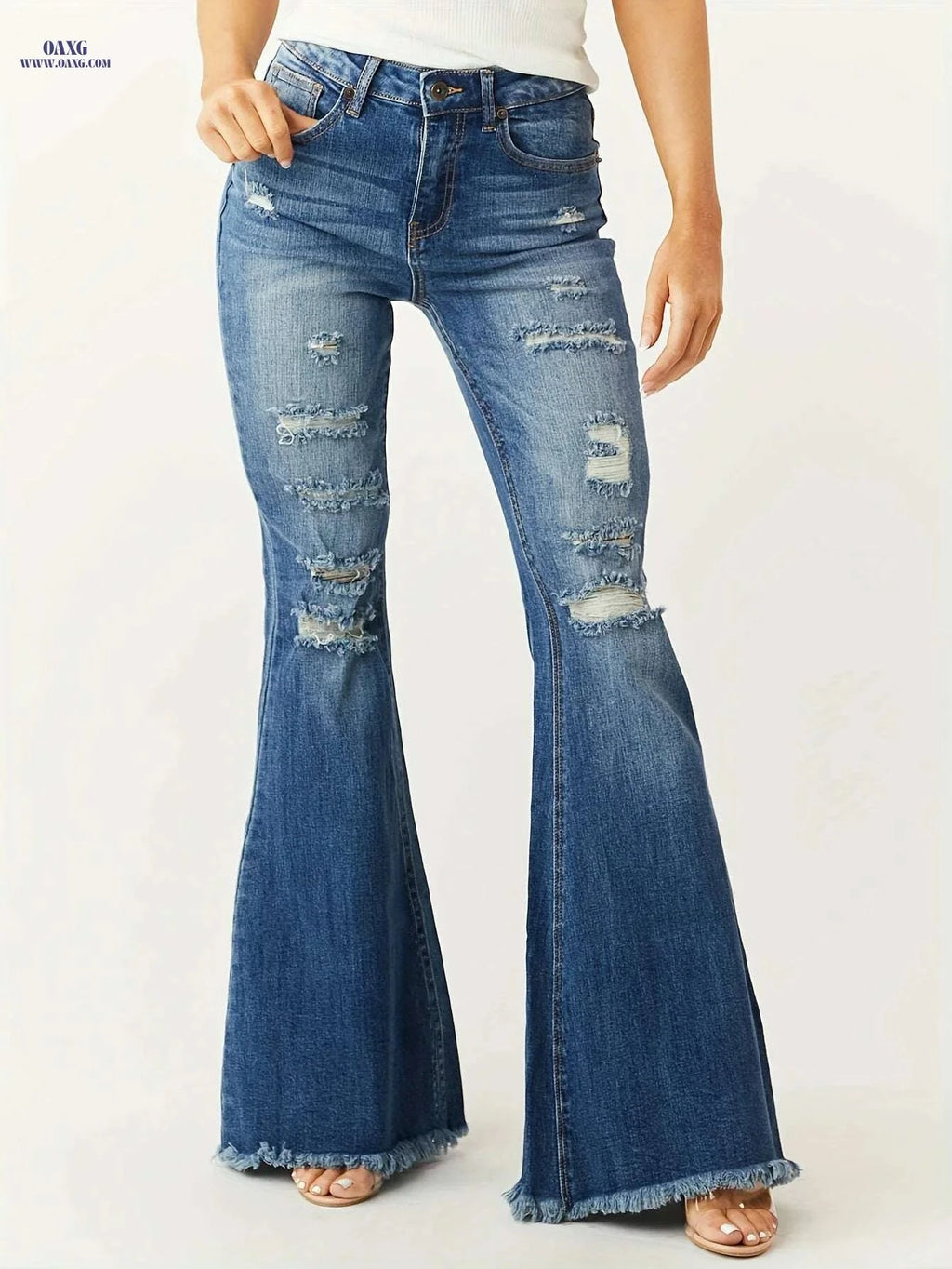Women's Vintage High Stretch Flare Jeans - Distressed Bell Bottoms   OAXG Blue / S