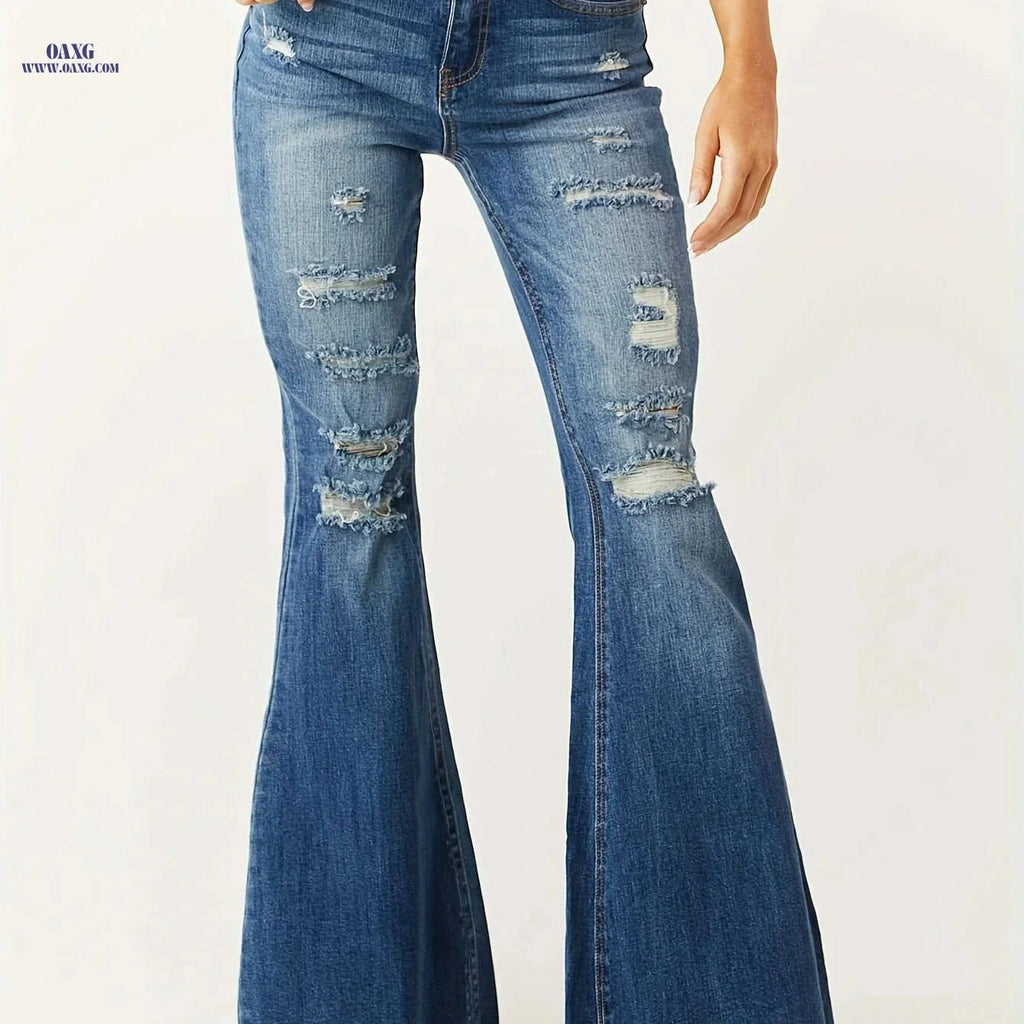 Women's Vintage High Stretch Flare Jeans - Distressed Bell Bottoms   OAXG 