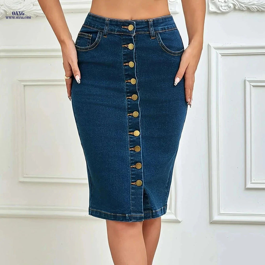 Women's Vintage High-Waisted Denim Skirt - Stretchy, Non-See-Through Design   OAXG Deep Blue / S