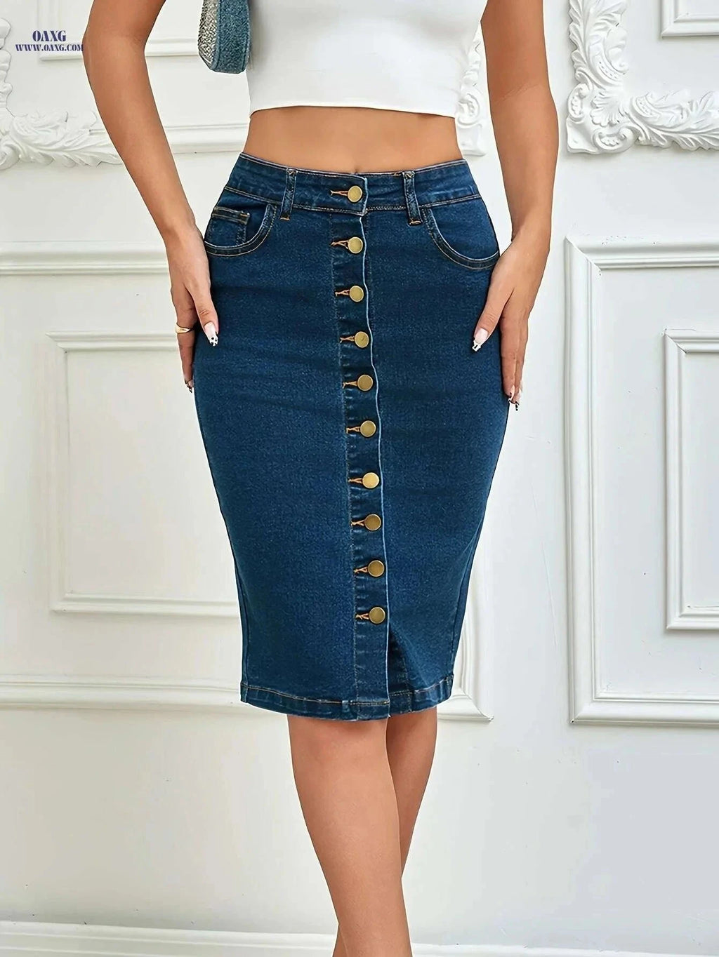 Women's Vintage High-Waisted Denim Skirt - Stretchy, Non-See-Through Design   OAXG Deep Blue / S