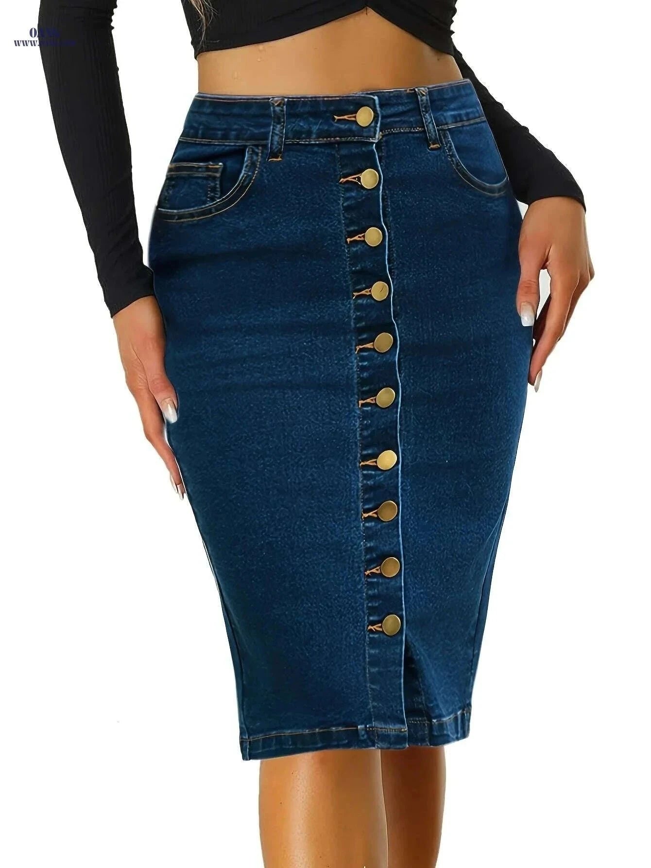Women's Vintage High-Waisted Denim Skirt - Stretchy, Non-See-Through Design   OAXG Deep Blue / S