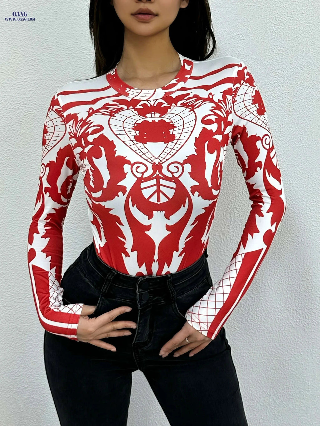 Women's Vintage-Inspired High Neck Bodysuit - Casual Red & White Check   OAXG 