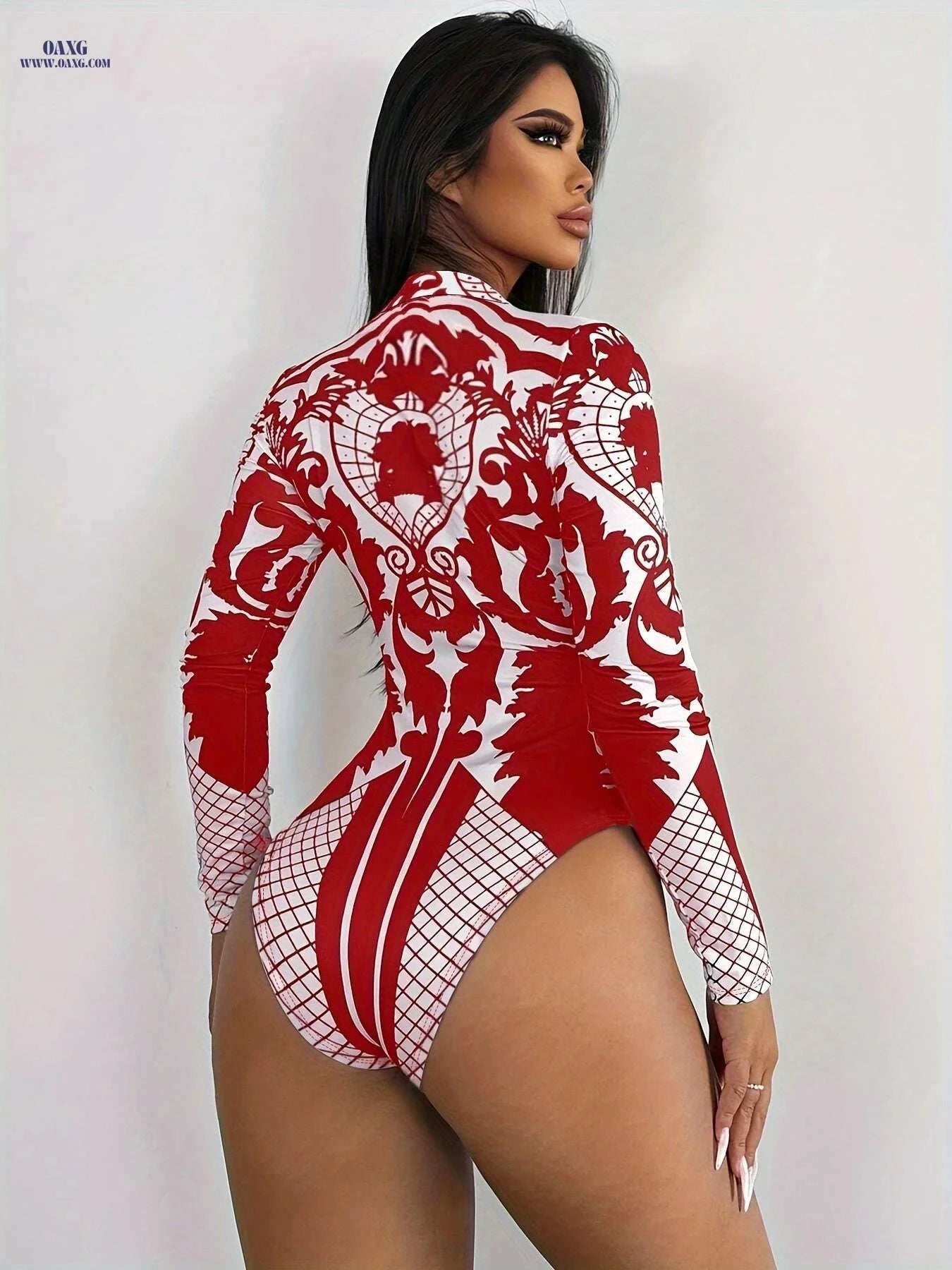 Women's Vintage-Inspired High Neck Bodysuit - Casual Red & White Check   OAXG Mixed Color / S