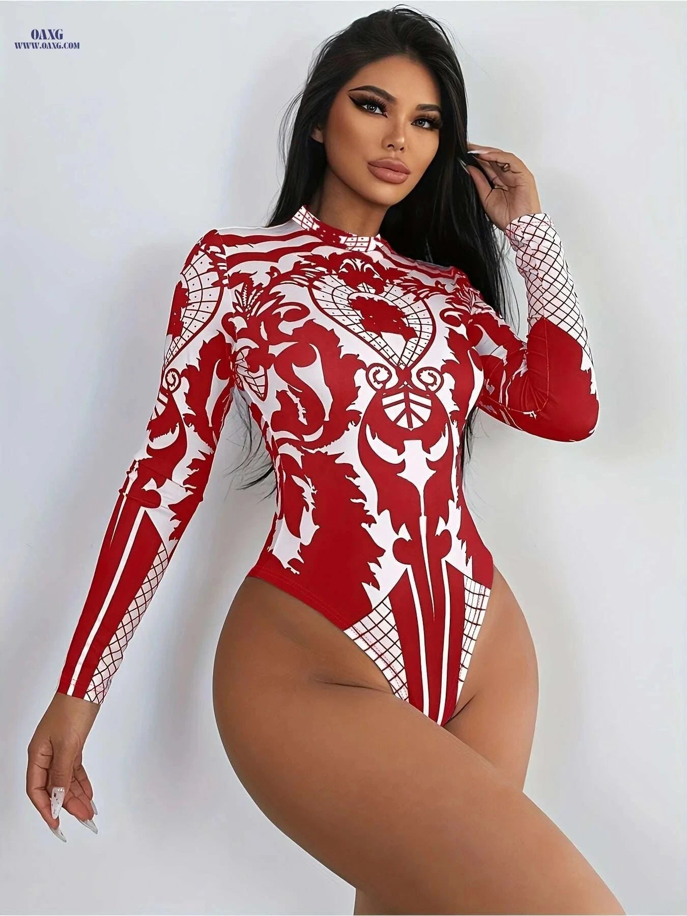 Women's Vintage-Inspired High Neck Bodysuit - Casual Red & White Check   OAXG Mixed Color / S