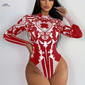 Women's Vintage-Inspired High Neck Bodysuit - Casual Red & White Check   OAXG Mixed Color / S
