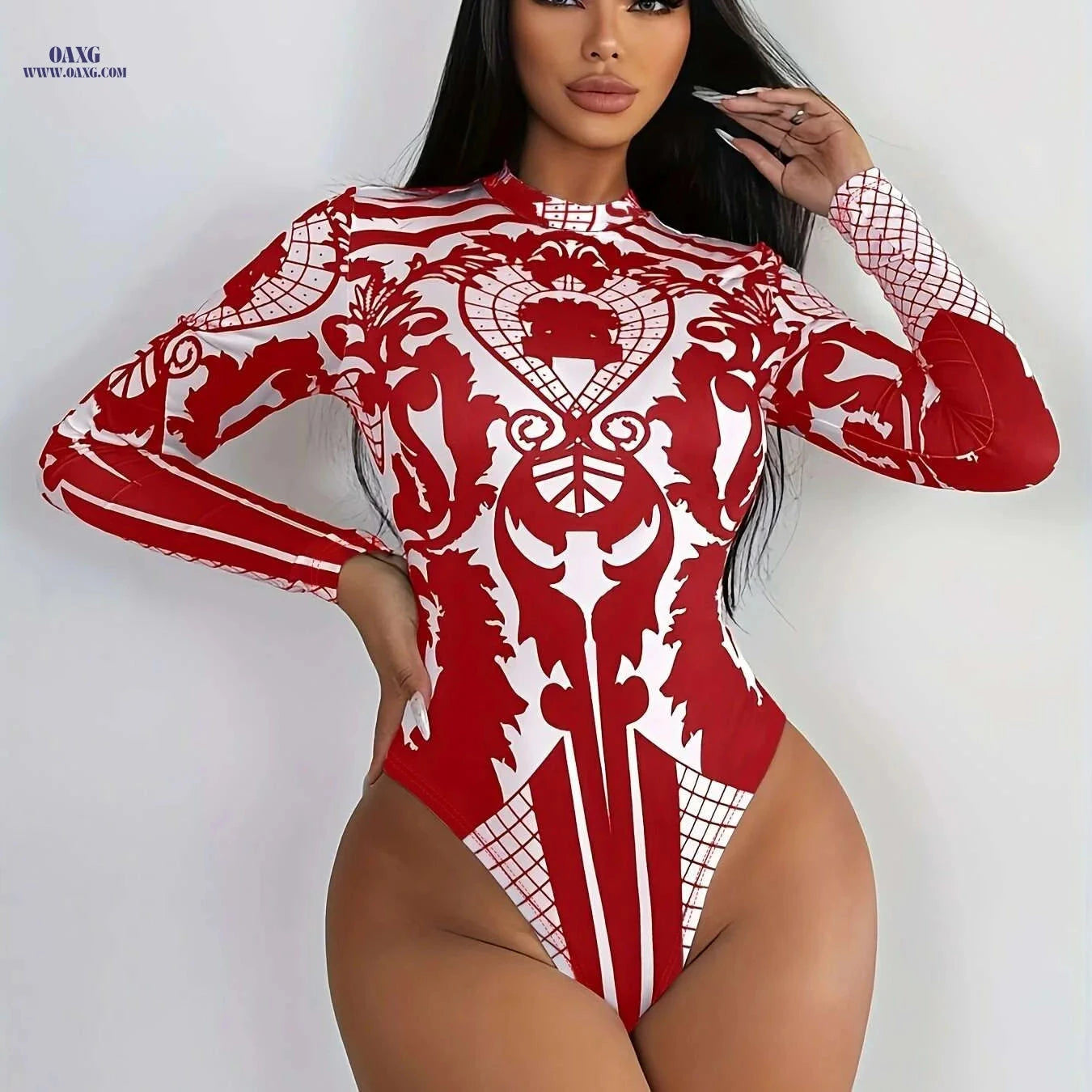 Women's Vintage-Inspired High Neck Bodysuit - Casual Red & White Check   OAXG Mixed Color / S
