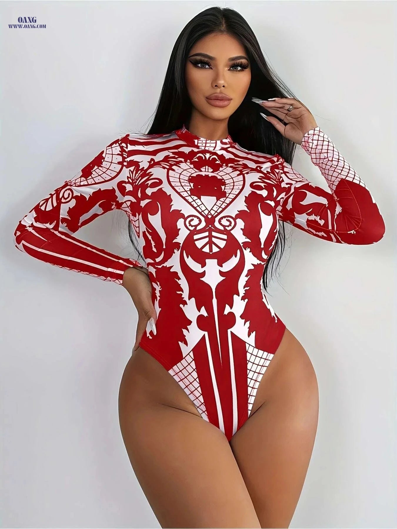 Women's Vintage-Inspired High Neck Bodysuit - Casual Red & White Check   OAXG 