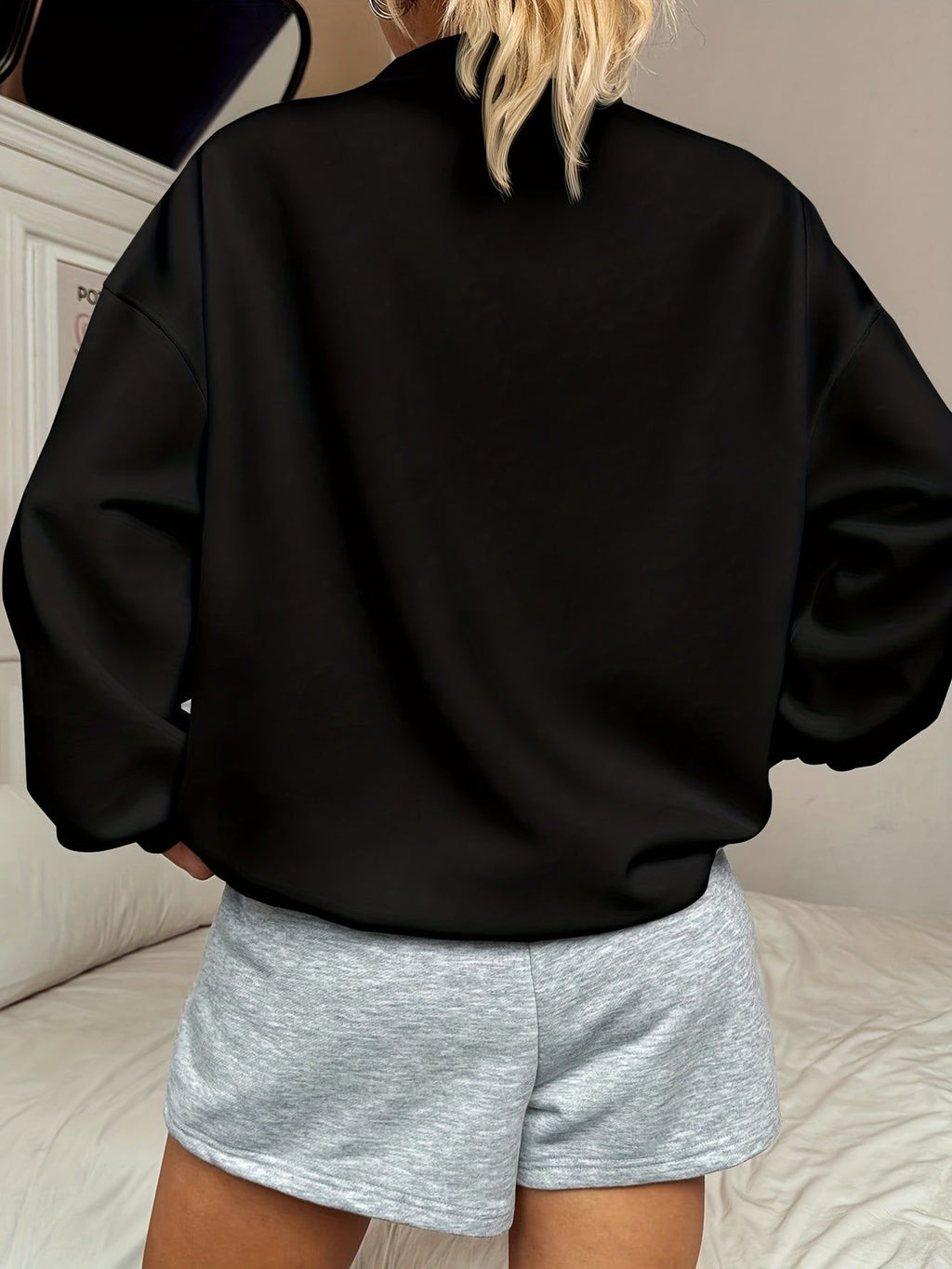 Women's Vintage Letter Print Half-Zip Sweatshirt Casual Sporty Lapel Long Sleeve Top Versatile Loose Pullover   OAXG Black / S