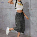 Women’s Vintage Midi Skirt - Stylish Gray, Non-Stretch Fabric   OAXG 