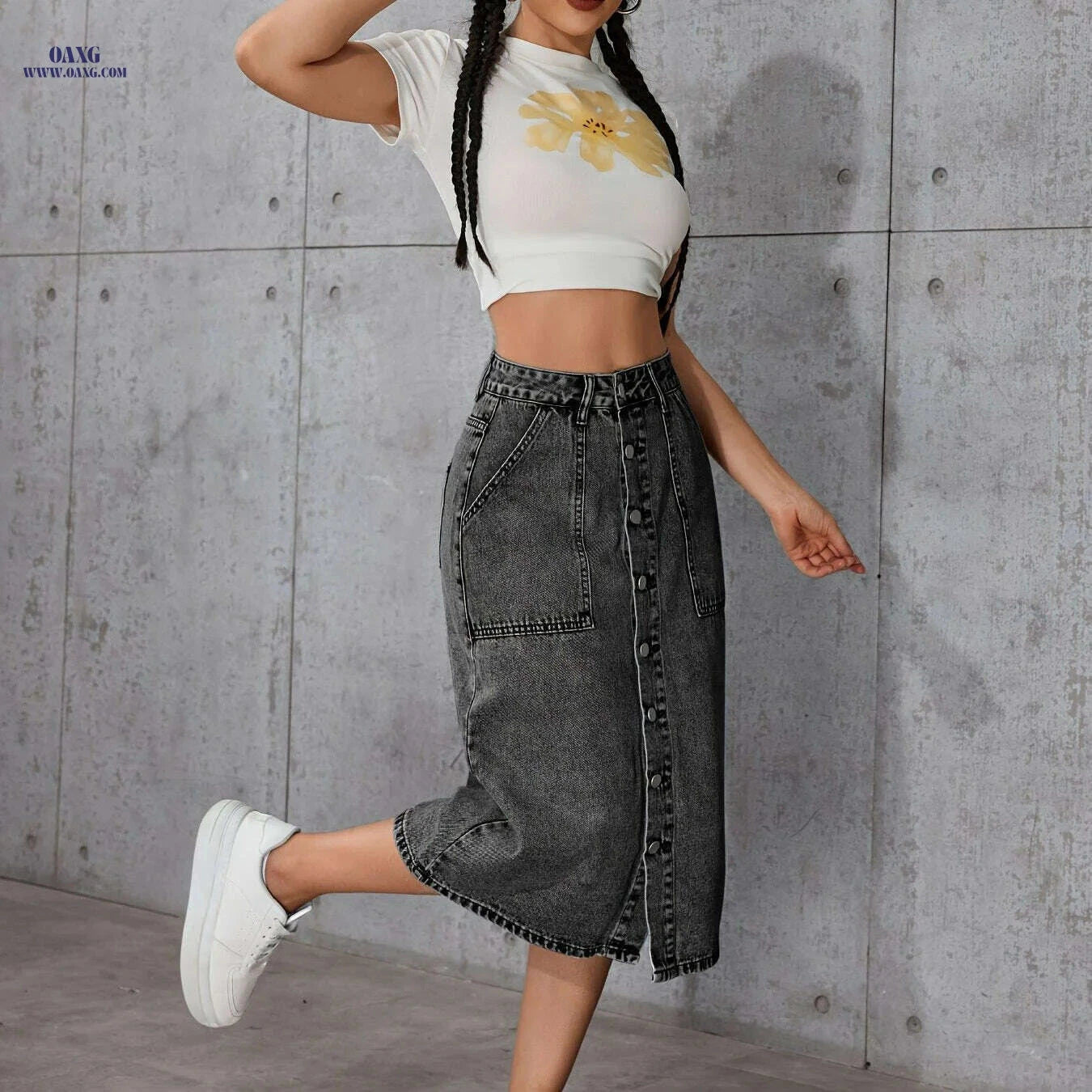 Women’s Vintage Midi Skirt - Stylish Gray, Non-Stretch Fabric   OAXG 