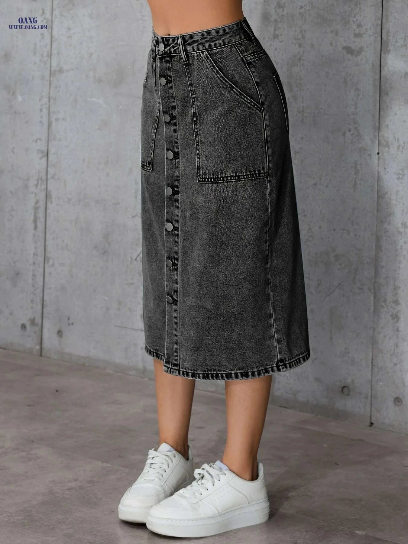Women’s Vintage Midi Skirt - Stylish Gray, Non-Stretch Fabric   OAXG 