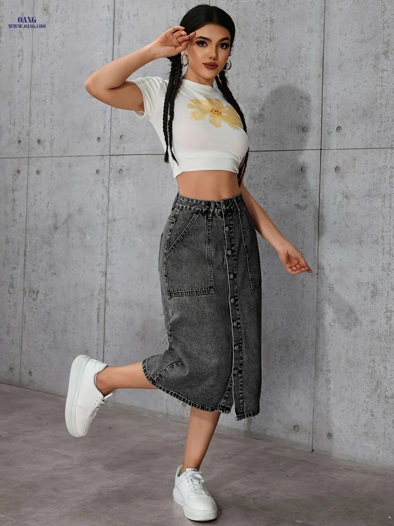 Women’s Vintage Midi Skirt - Stylish Gray, Non-Stretch Fabric   OAXG grey / S