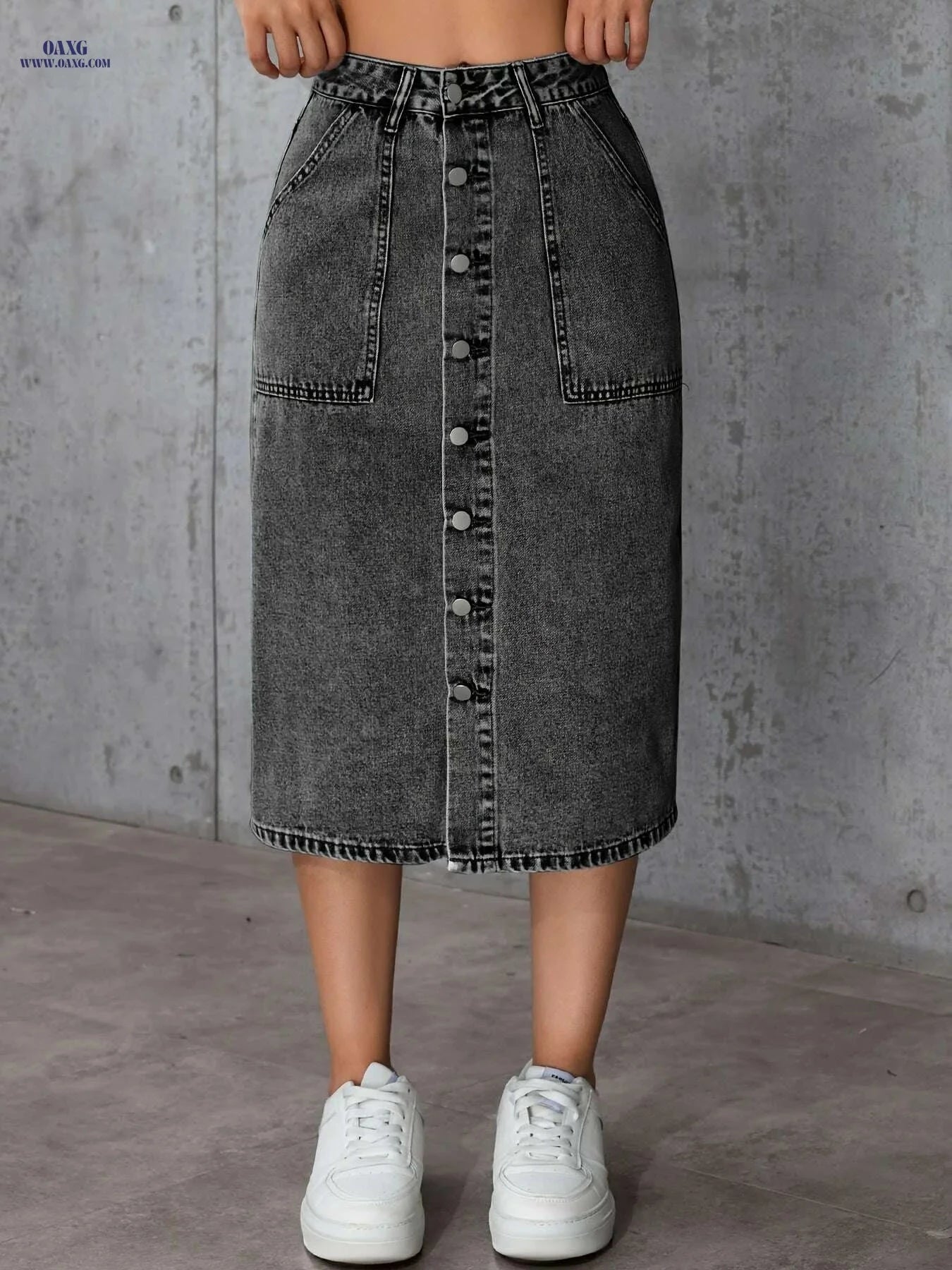 Women’s Vintage Midi Skirt - Stylish Gray, Non-Stretch Fabric   OAXG grey / S
