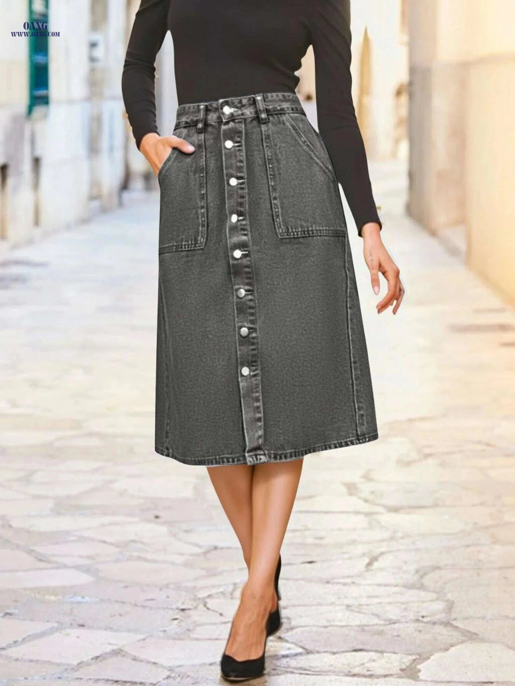 Women's Vintage Non-Stretchy Long Skirt - Elegant Button Closure Style   OAXG Grey / S