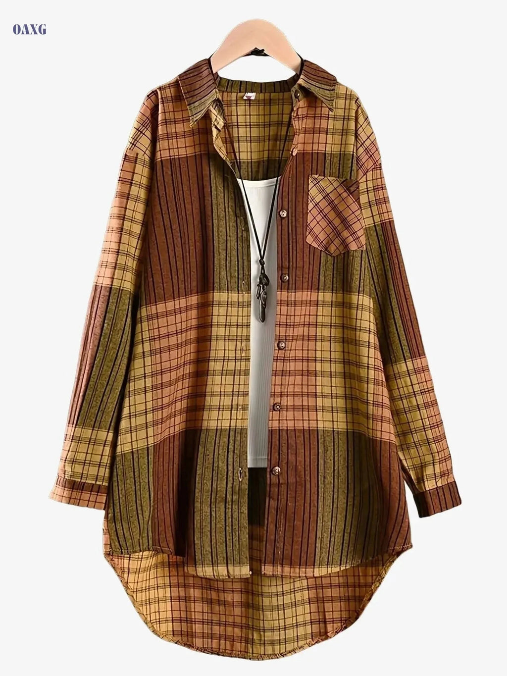 Women's Vintage Plaid Shirt - Long Sleeve Button-Front Blouse   OAXG 