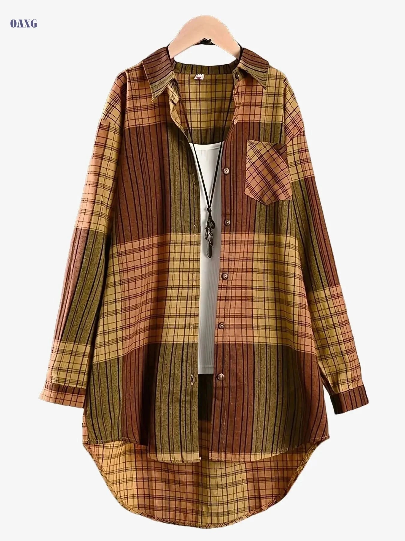 Women's Vintage Plaid Shirt - Long Sleeve Button-Front Blouse   OAXG 