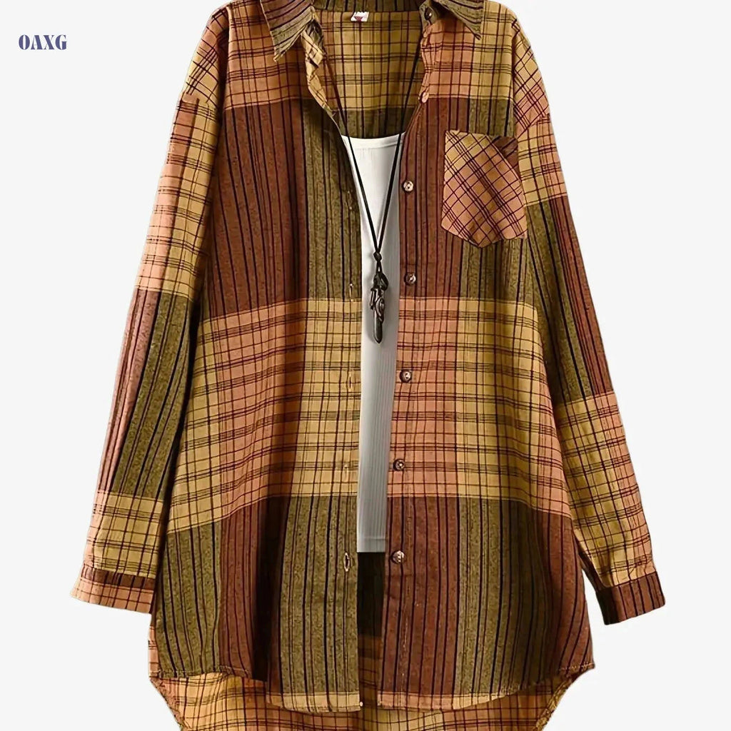 Women's Vintage Plaid Shirt - Long Sleeve Button-Front Blouse   OAXG 