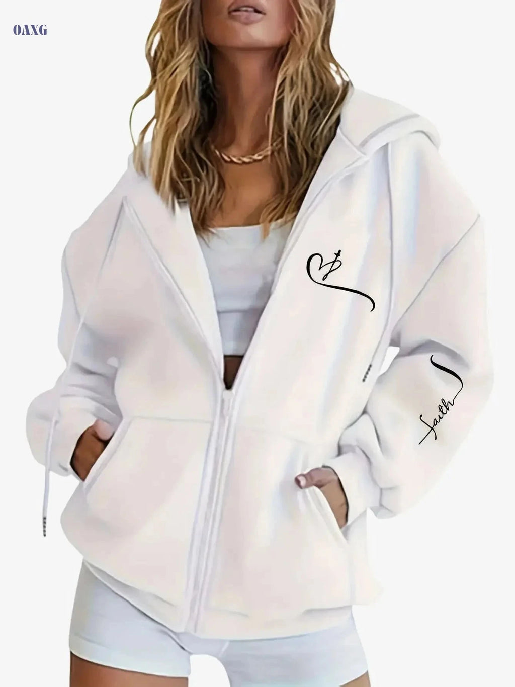 Women's Warm Geometric Print Hooded Zip-Up Sweatshirt - Casual Style   OAXG 