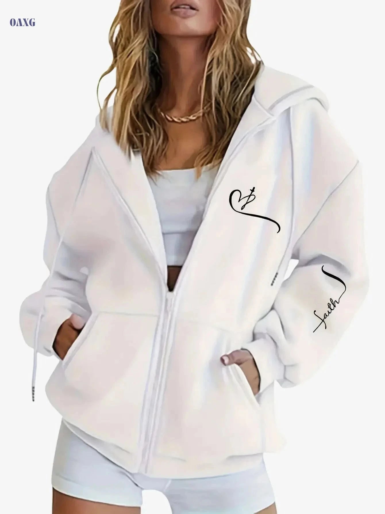 Women's Warm Geometric Print Hooded Zip-Up Sweatshirt - Casual Style   OAXG 