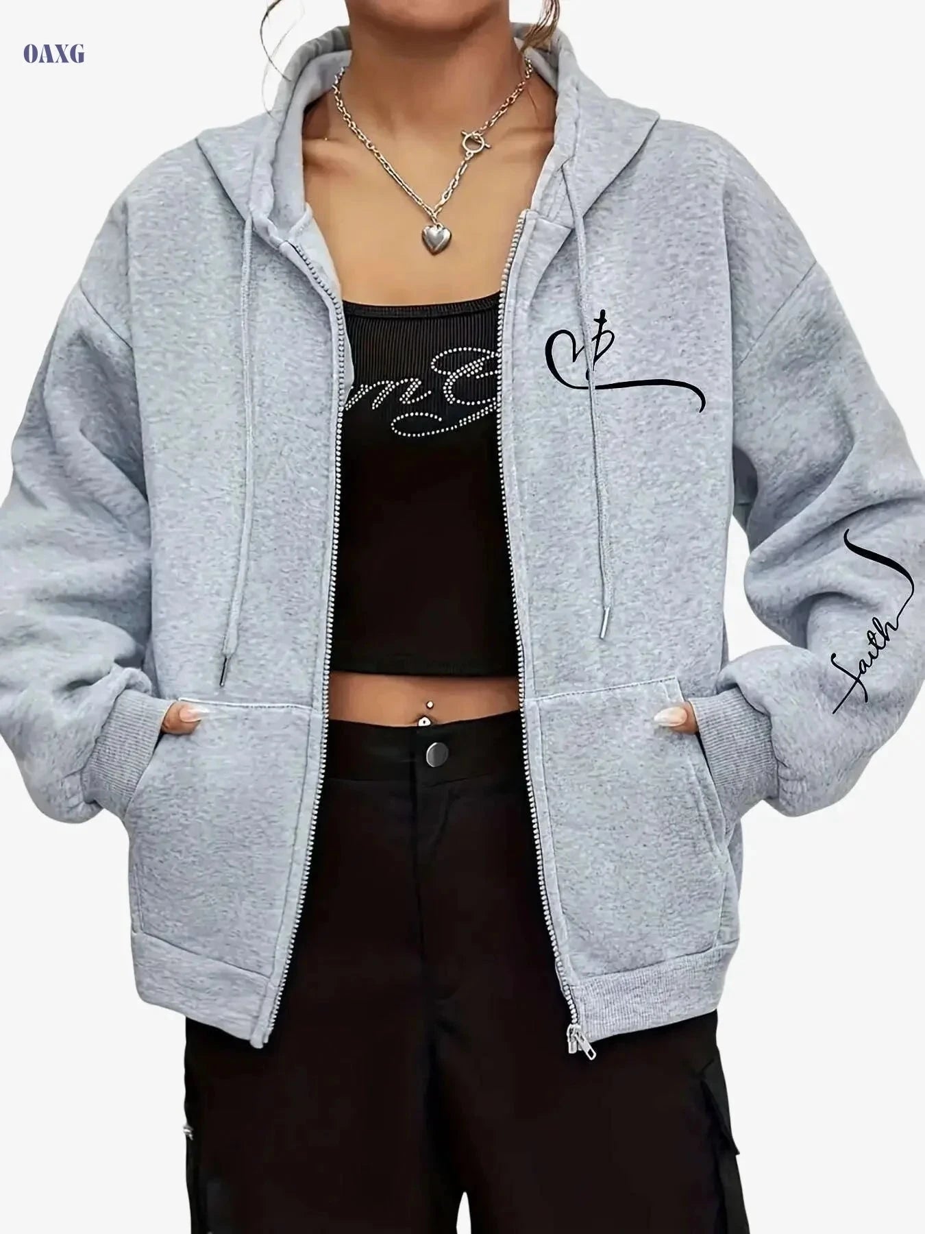 Women's Warm Geometric Print Hooded Zip-Up Sweatshirt - Casual Style   OAXG Black / S