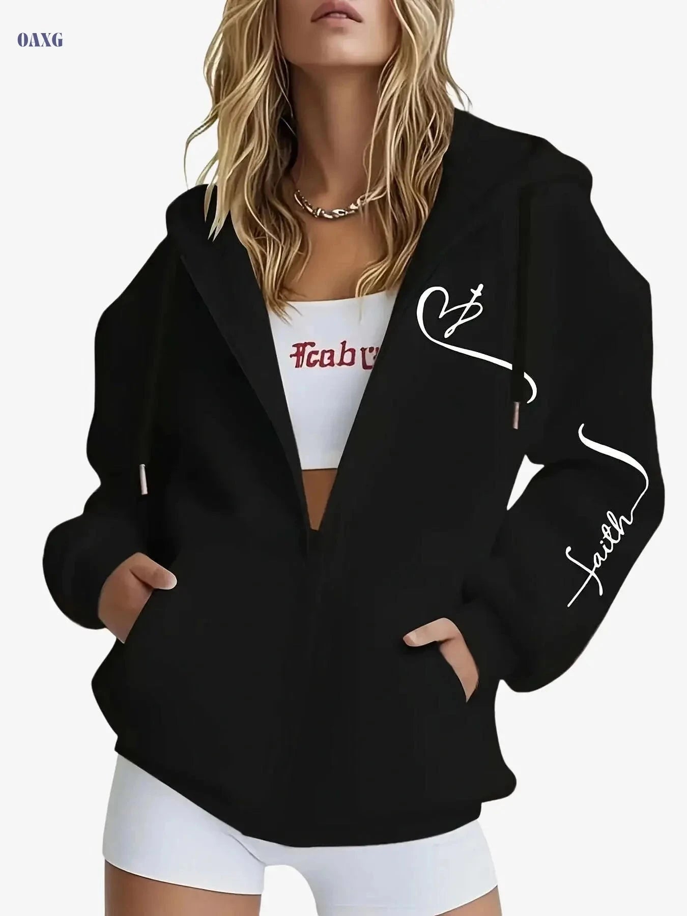 Women's Warm Geometric Print Hooded Zip-Up Sweatshirt - Casual Style   OAXG Black / S